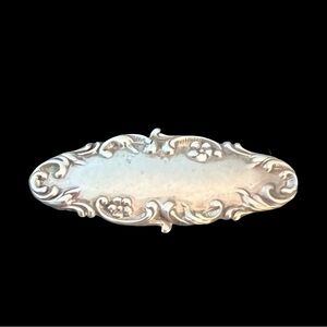 Vintage Sterling Oblong Repousse Scrolled Floral Brooch Pin 2”